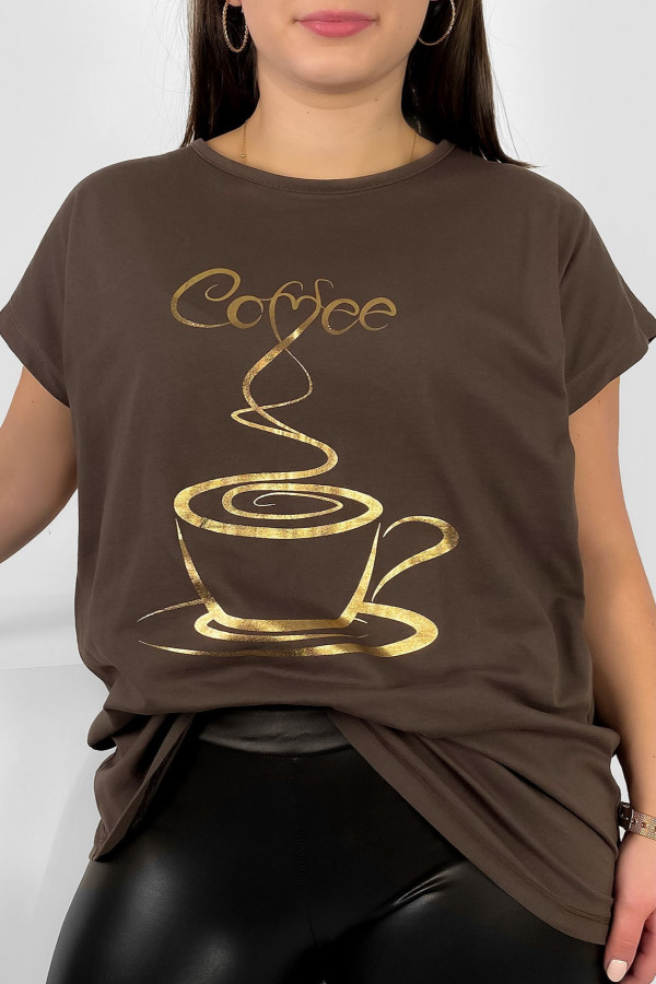 Nietoperz T-shirt damski plus size w kolorze brązowym złoty print coffee cup