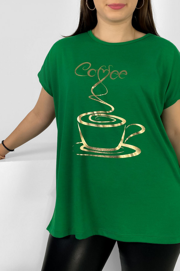 Nietoperz T-shirt damski plus size w kolorze zielonym złoty print coffee cup 2