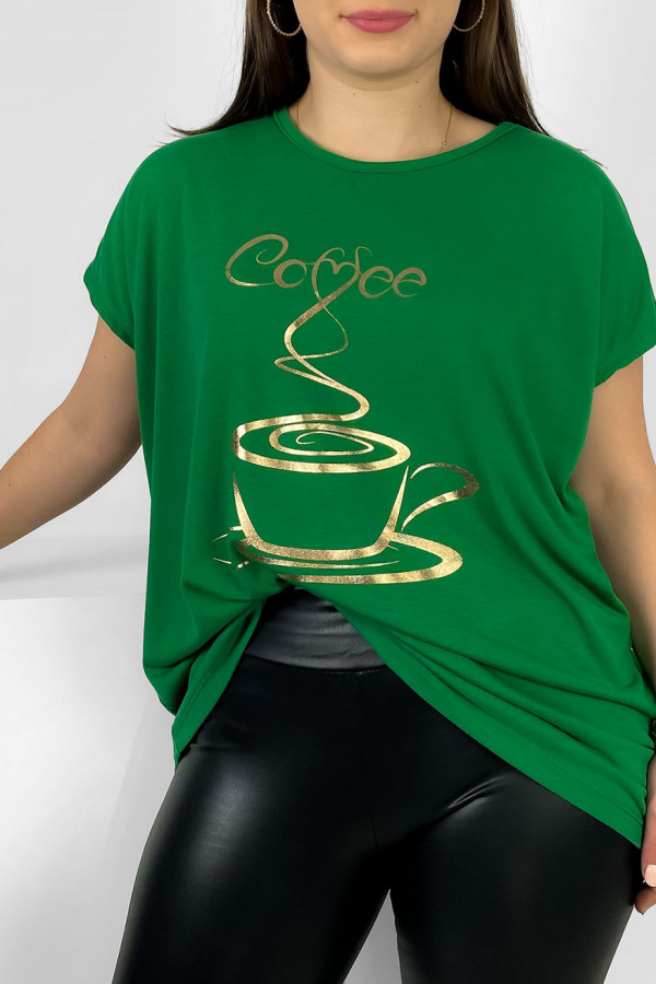 Nietoperz T-shirt damski plus size w kolorze zielonym złoty print coffee cup 1