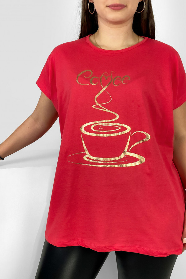 Nietoperz T-shirt damski plus size w kolorze koralowym złoty print coffee cup 2