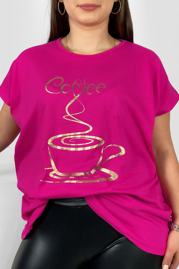Nietoperz T-shirt damski plus size w kolorze magenty złoty print coffee cup