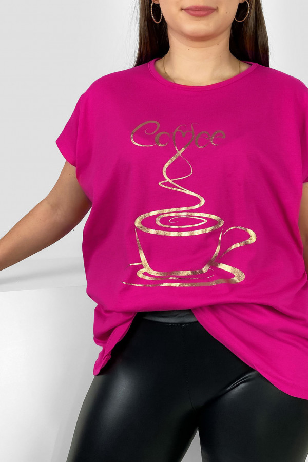 Nietoperz T-shirt damski plus size w kolorze magenty złoty print coffee cup 1