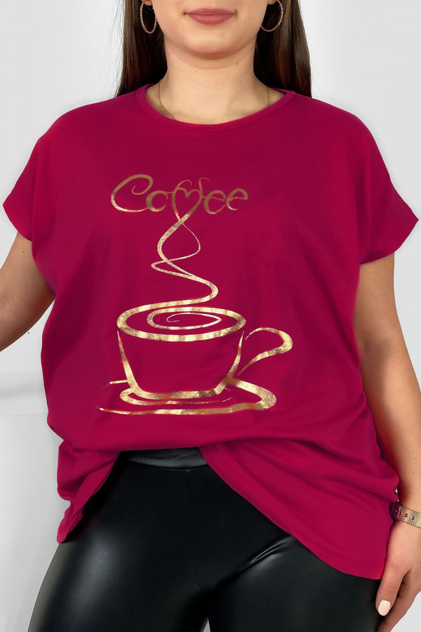 Nietoperz T-shirt damski plus size w kolorze rubinowym złoty print coffee cup