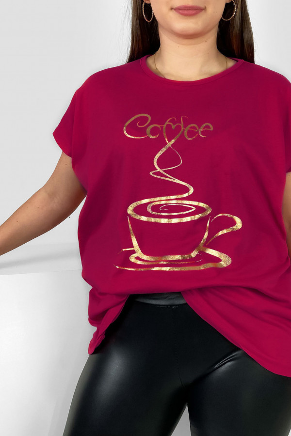Nietoperz T-shirt damski plus size w kolorze rubinowym złoty print coffee cup 1