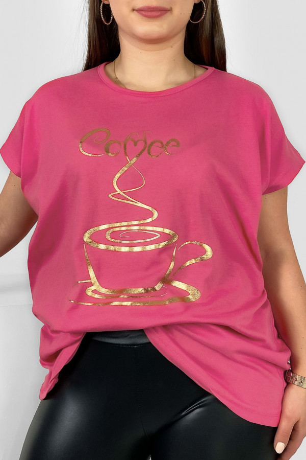 Nietoperz T-shirt damski plus size w kolorze indyjskiego różu złoty print coffee cup