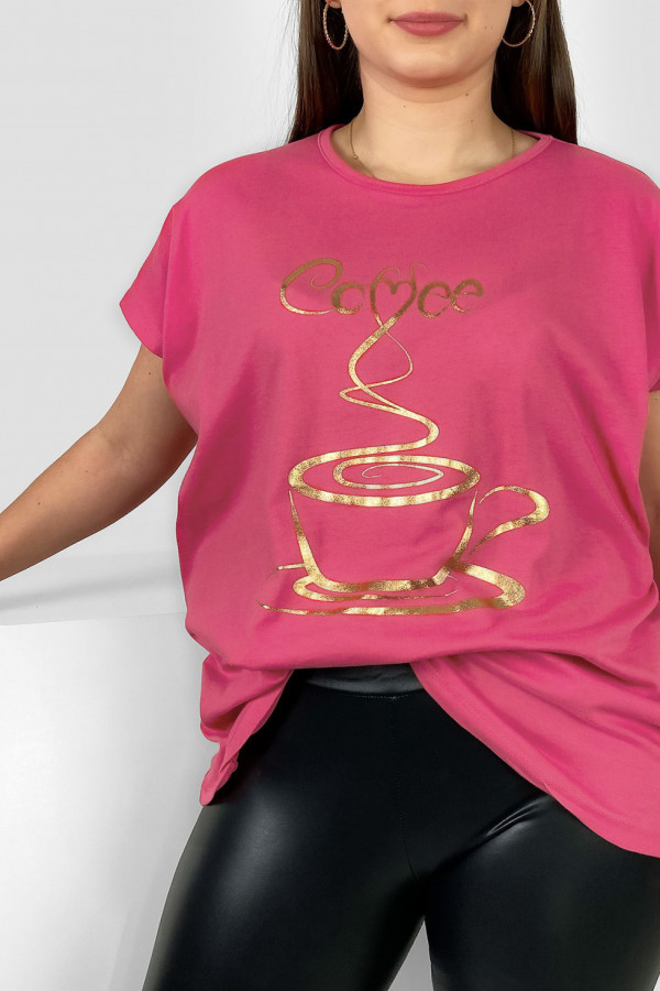 Nietoperz T-shirt damski plus size w kolorze indyjskiego różu złoty print coffee cup 1