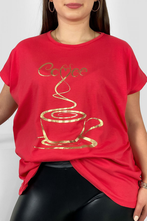 Nietoperz T-shirt damski plus size w kolorze koralowym złoty print coffee cup