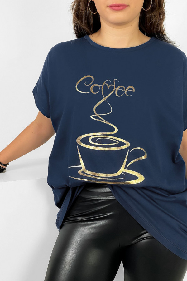 Nietoperz T-shirt damski plus size w kolorze grafitowego granatu złoty print coffee cup 1