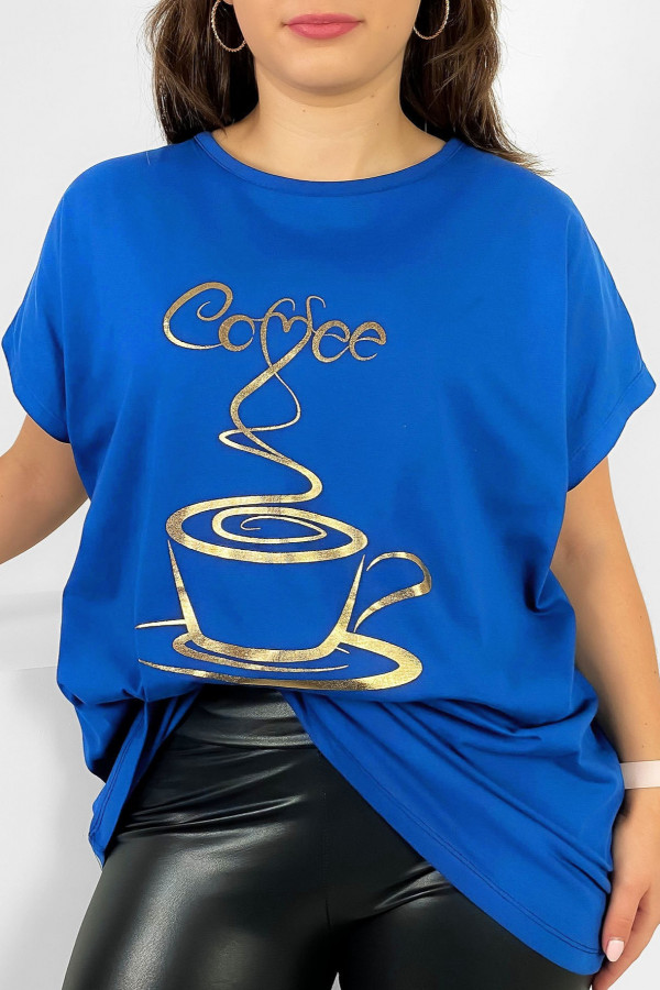 Nietoperz T-shirt damski plus size W DRUGIM GATUNKU w kolorze lazurowym złoty print coffee cup