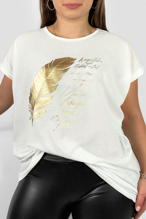 Nietoperz T-shirt damski plus size w kolorze ecru gold print piórko