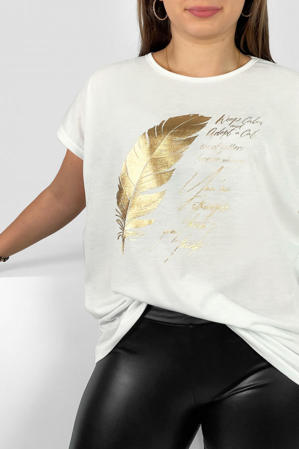 Nietoperz T-shirt damski plus size w kolorze ecru gold print piórko 1