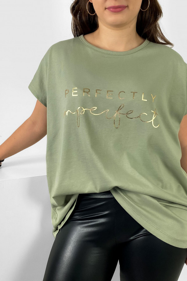 Nietoperz T-shirt damski plus size w kolorze pistacjowym złoty print perfectly imperfect 1