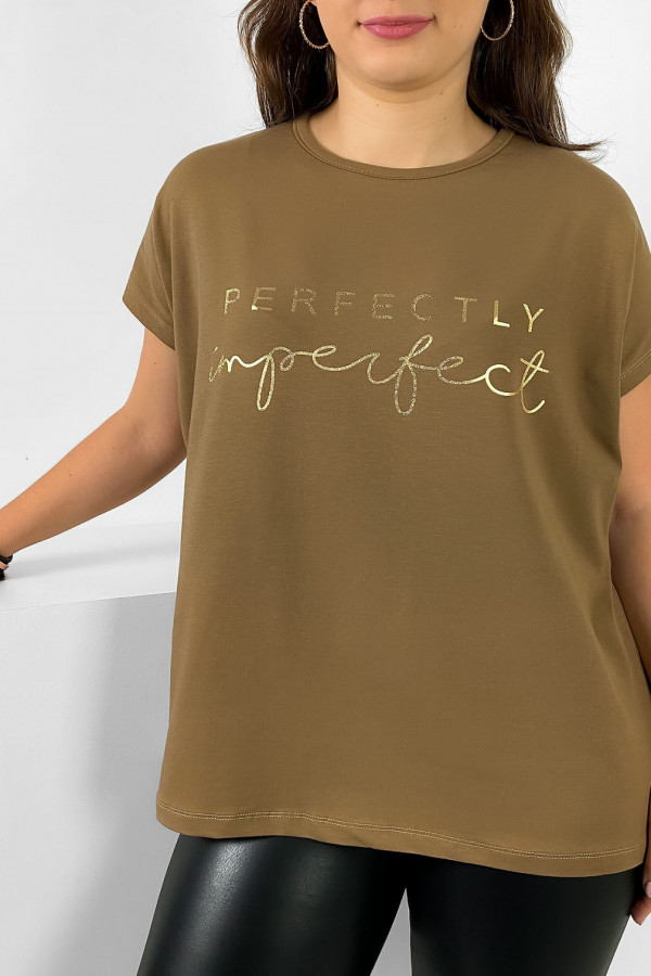 Nietoperz T-shirt damski plus size w kolorze orzechowego brązu złoty print perfectly imperfect 2
