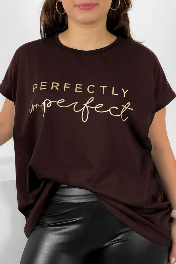 Nietoperz T-shirt damski plus size w kolorze gorzkiej czekolady złoty print perfectly imperfect