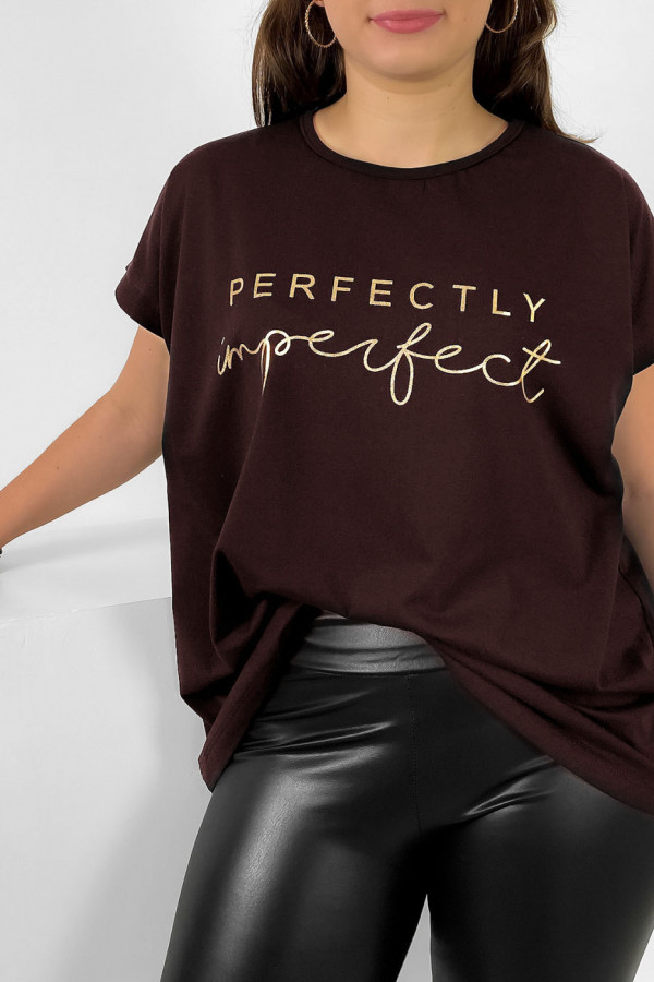 Nietoperz T-shirt damski plus size w kolorze gorzkiej czekolady złoty print perfectly imperfect 1