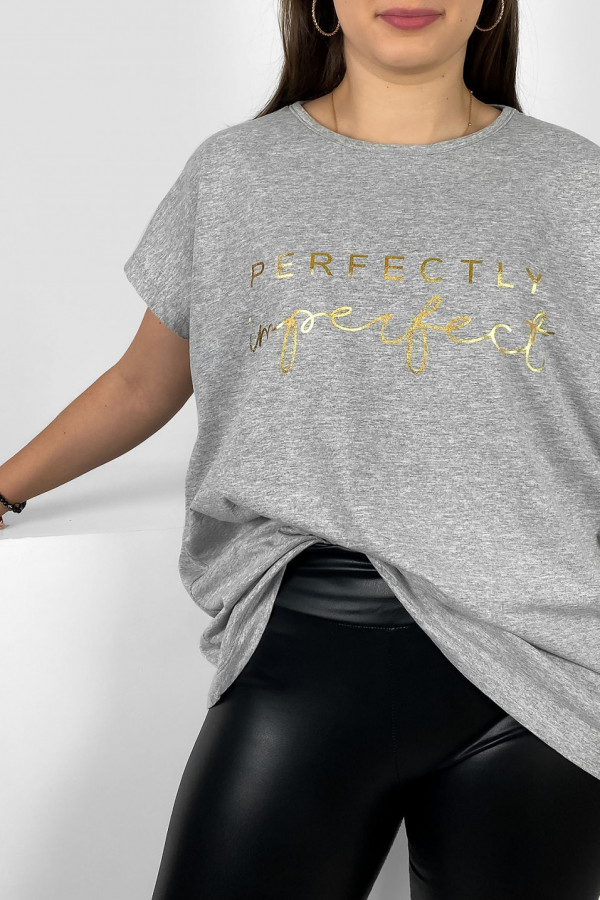 Nietoperz T-shirt damski plus size w kolorze szarym melanż złoty print perfectly imperfect 1