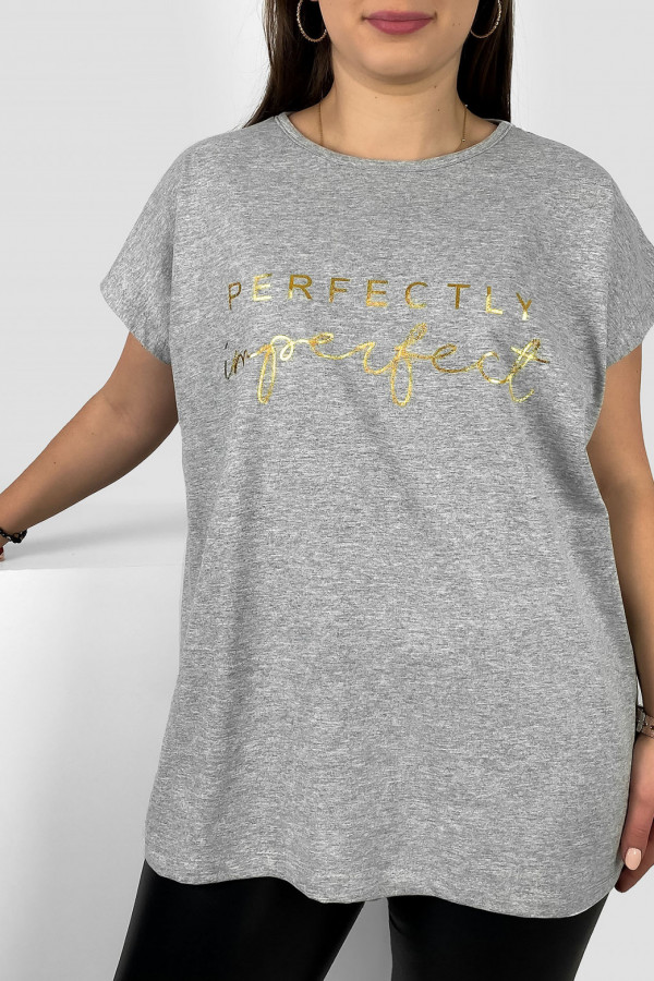 Nietoperz T-shirt damski plus size w kolorze szarym melanż złoty print perfectly imperfect 2