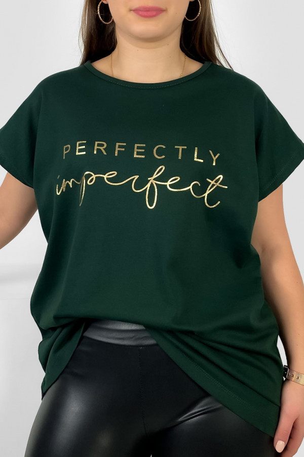 Nietoperz T-shirt damski plus size w kolorze butelkowej zieleni złoty print perfectly imperfect