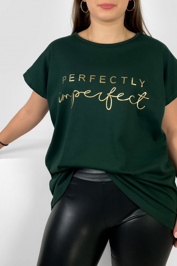 Nietoperz T-shirt damski plus size w kolorze butelkowej zieleni złoty print perfectly imperfect 1