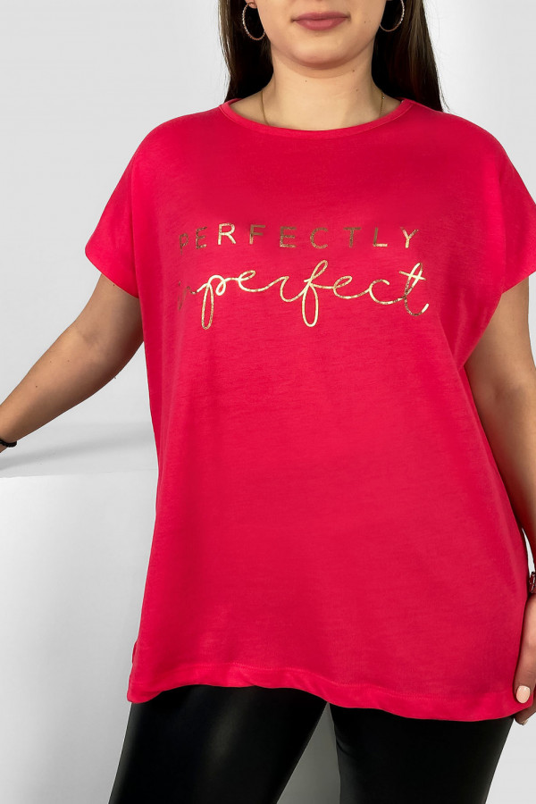 Nietoperz T-shirt damski plus size w kolorze malinowym złoty print perfectly imperfect 2