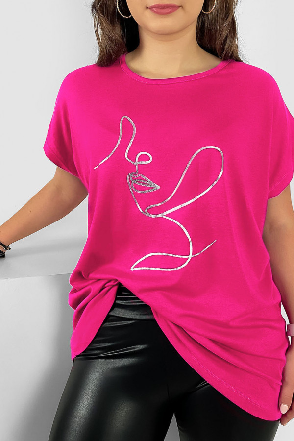 Nietoperz T-shirt damski plus size w kolorze fuksji srebrny line art woman 1