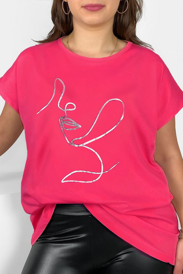 Nietoperz T-shirt damski plus size w kolorze różowym srebrny line art woman