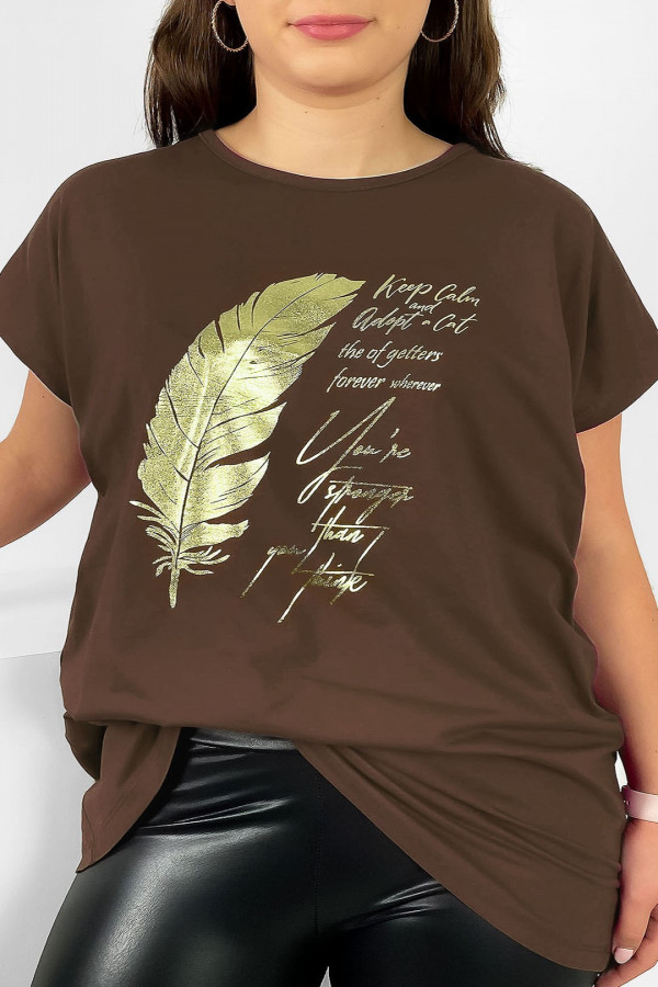 Nietoperz T-shirt damski plus size w kolorze brązowym gold print piórko 2
