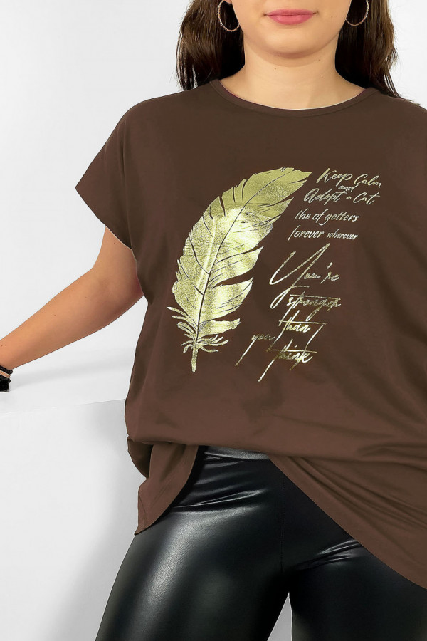 Nietoperz T-shirt damski plus size w kolorze brązowym gold print piórko 1