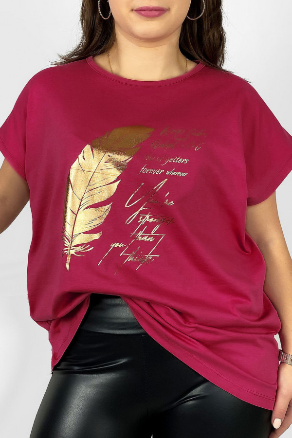 Nietoperz T-shirt damski plus size w kolorze rubinowym gold print piórko