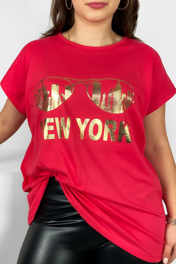 Nietoperz T-shirt damski plus size w kolorze koralowym złoty print okulary New York