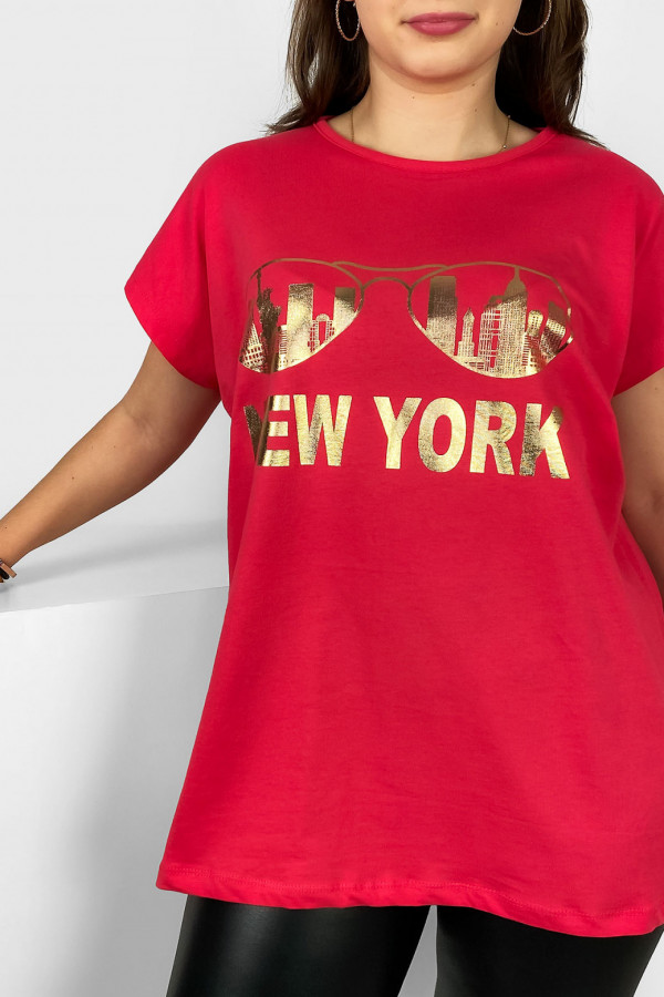 Nietoperz T-shirt damski plus size w kolorze koralowym złoty print okulary New York 2