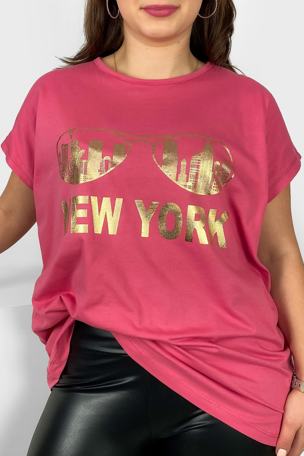 Nietoperz T-shirt damski plus size w kolorze indyjskiego różu złoty print okulary New York