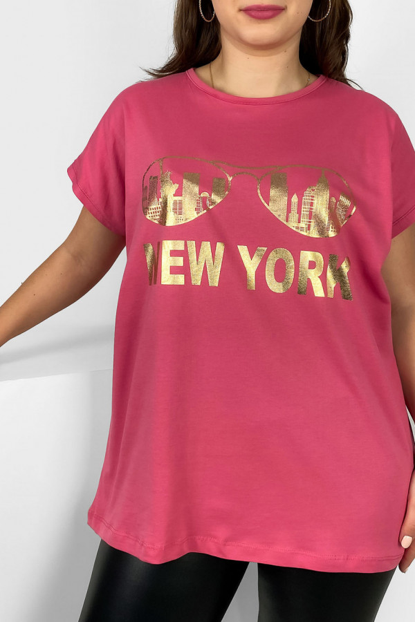Nietoperz T-shirt damski plus size w kolorze indyjskiego różu złoty print okulary New York 2