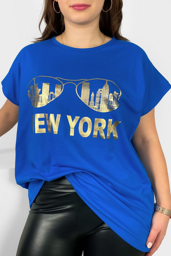 Nietoperz T-shirt damski plus size w kolorze lazurowym złoty print okulary New York
