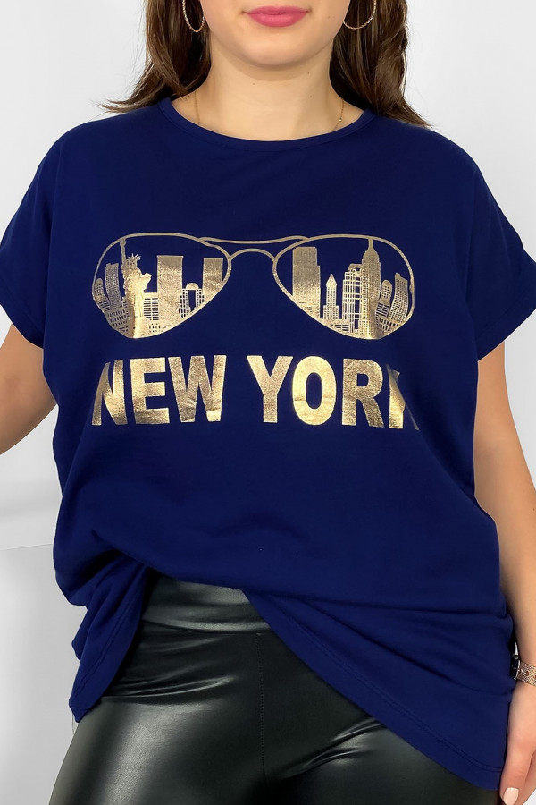 Nietoperz T-shirt damski plus size w kolorze granatowym złoty print okulary New York