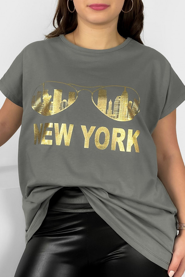 Nietoperz T-shirt damski plus size w kolorze stalowy szary złoty print okulary New York