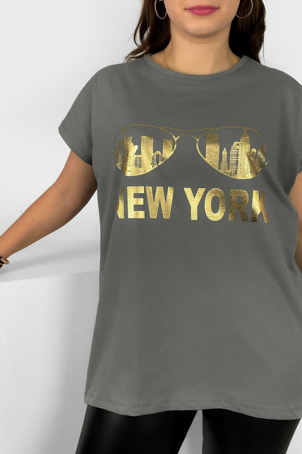 Nietoperz T-shirt damski plus size w kolorze stalowy szary złoty print okulary New York 2