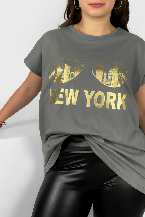 Nietoperz T-shirt damski plus size w kolorze stalowy szary złoty print okulary New York 1