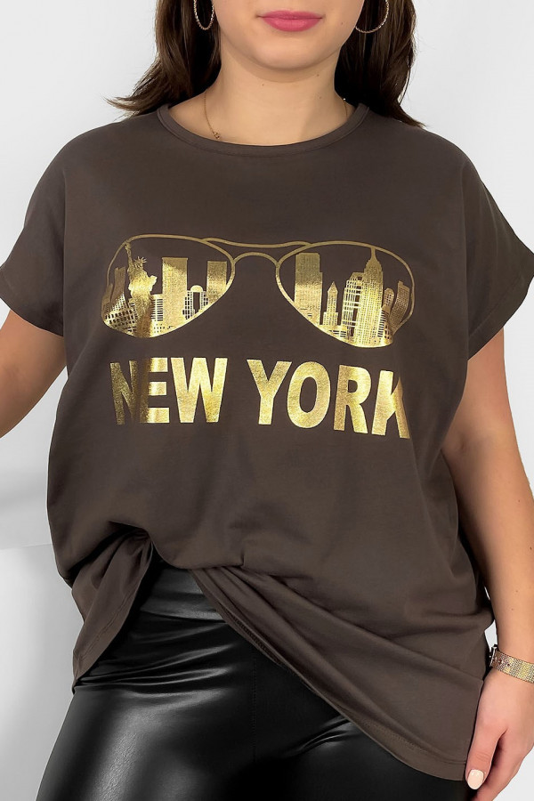 Nietoperz T-shirt damski plus size w kolorze brązowym złoty print okulary New York