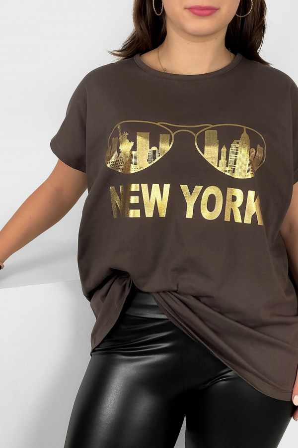 Nietoperz T-shirt damski plus size w kolorze brązowym złoty print okulary New York 1