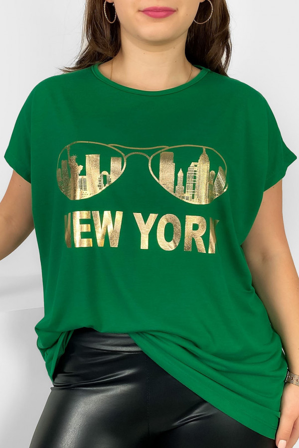 Nietoperz T-shirt damski plus size w kolorze zielonym złoty print okulary New York