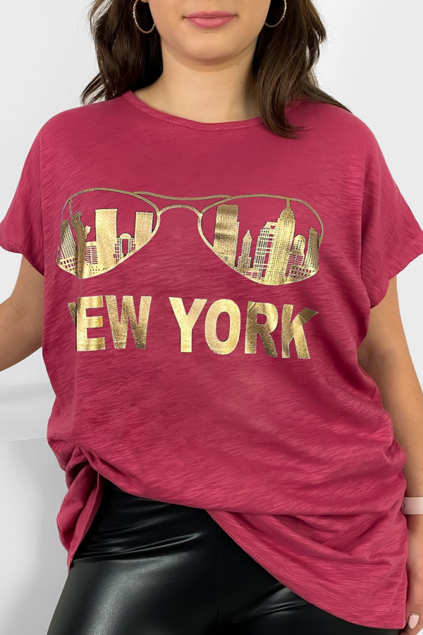 Nietoperz T-shirt damski plus size w kolorze truskawkowym złoty print okulary New York