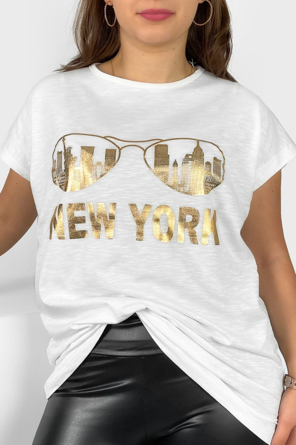 Nietoperz T-shirt damski plus size w kolorze białym złoty print okulary New York