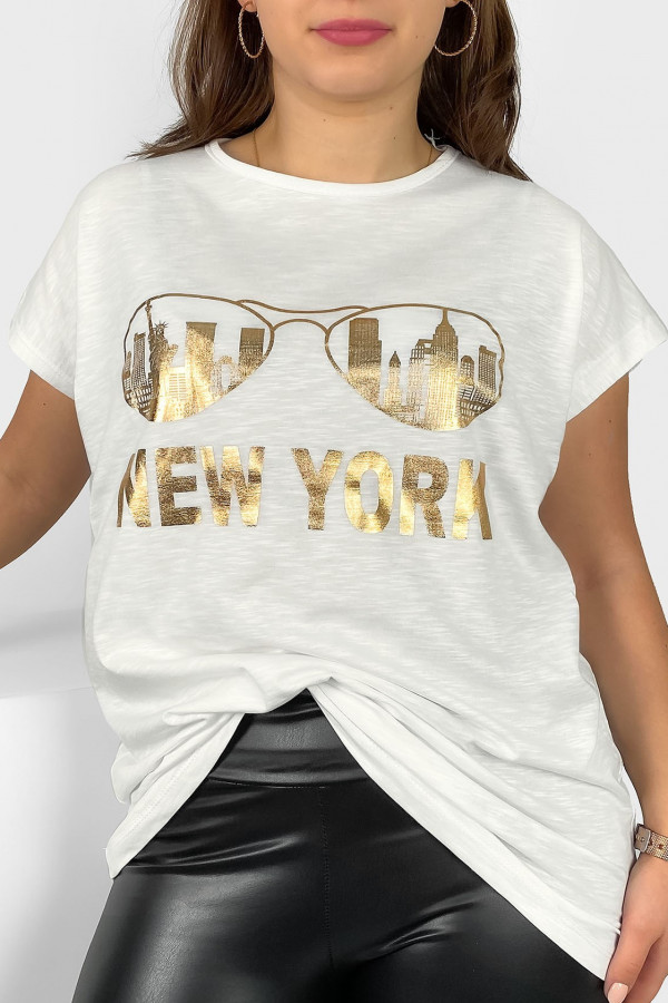 Nietoperz T-shirt damski plus size w kolorze ecru złoty print okulary New York