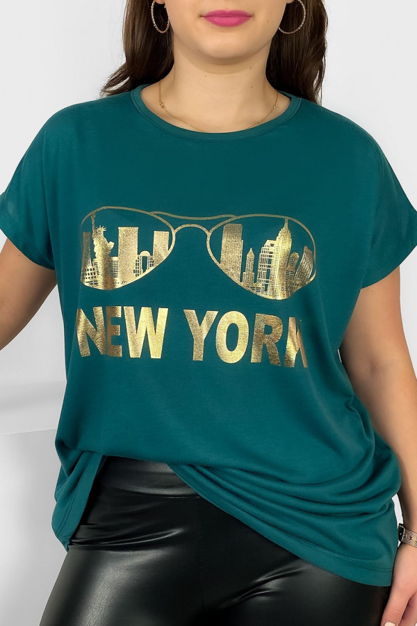 Nietoperz T-shirt damski plus size w kolorze morskiej zieleni złoty print okulary New York