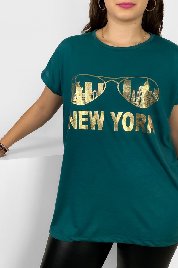 Nietoperz T-shirt damski plus size w kolorze morskiej zieleni złoty print okulary New York 2