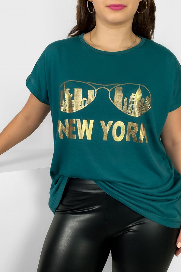 Nietoperz T-shirt damski plus size w kolorze morskiej zieleni złoty print okulary New York 1
