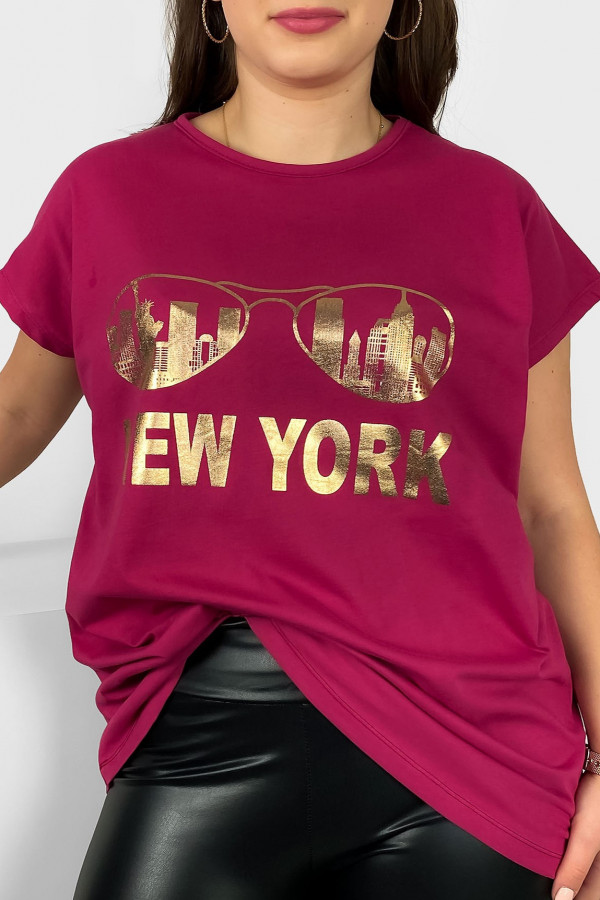 Nietoperz T-shirt damski plus size w kolorze rubinowym złoty print okulary New York 2