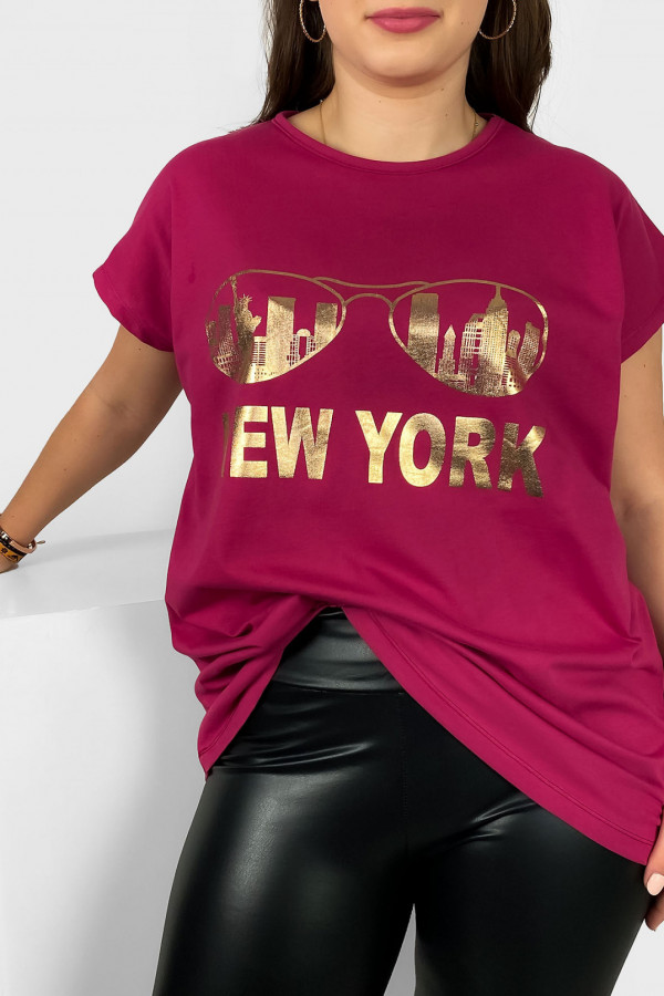 Nietoperz T-shirt damski plus size w kolorze rubinowym złoty print okulary New York 1