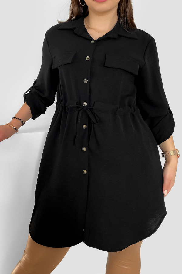 Długa koszula tunika w kolorze czarnym z podpinanym rękawem wiązanie w pasie Ruka